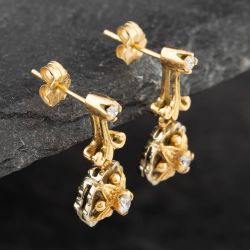 Second Hand 9ct Two Colour Gold Brilliant Cut Diamond Flower Dropper Earrings 43171117