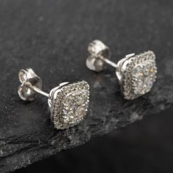 Second Hand 14ct White Gold 1.00ct Brilliant Cut Diamond Square Halo Stud Earrings 43171133