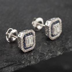 Second Hand 14ct White Gold 0.40ct Sapphire & 0.50ct Diamond Oblong Stud Earrings 43171164
