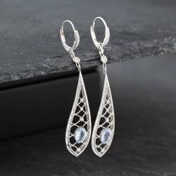 Second Hand 18ct White Gold Oval Cut Sapphire & Brilliant Cut Diamond Tear Drop Dropper Earrings 43171174