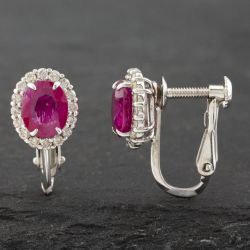 Second Hand 18ct White Gold Ruby & 0.36ct Brilliant Cut Diamond Oval Cluster Screw Fitting 9mm Stud Earrings 43171186