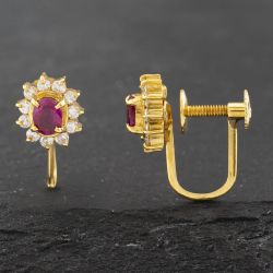 Second Hand 18ct Yellow Gold Certificated 0.43ct Ruby & 0.28ct Brilliant Cut Diamond Oval Cluster Screw Fitting 8mm Stud Earrings 43171187