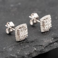 Second Hand 9ct White Gold 0.25ct Brilliant Cut Diamond Square Cluster Stud Earrings 43171194