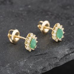 Second Hand 14ct Yellow Gold 0.70ct Emerald & 0.30ct Brilliant Cut Diamond Teardrop 8mm Stud Earrings 43171226