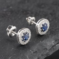 Second Hand 14ct White Gold 0.60ct Sapphire & 0.25ct Diamond Round Cluster Stud Earrings 43171232