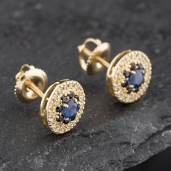 Second Hand 14ct Yellow Gold 0.70ct Sapphire & 0.25ct Diamond Round Cluster Stud Earrings 43171233