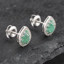 Second Hand 14ct White Gold 0.75ct Emerald & 0.20ct Brilliant Cut Diamond Teardrop 10mm Stud Earrings 43171234
