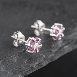 Second Hand 9ct White Gold 0.58ct Ruby & Diamond Round Cluster Stud Earrings 43171237