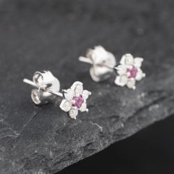 Second Hand 9ct White Gold Ruby & 0.24ct Diamond Flower Cluster Stud Earrings 43171239