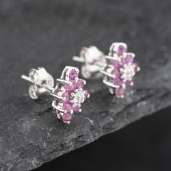 Second Hand 9ct White Gold 0.74ct Ruby & Diamond Marquise Shape Cluster 9mm Stud Earrings 43171242