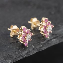Second Hand 9ct Yellow Gold 0.74ct Ruby & Diamond Marquise Shape Cluster 9mm Stud Earrings 43171245