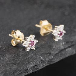 Second Hand 9ct Yellow Gold Ruby & 0.24ct Diamond Flower Cluster Stud Earrings 43171250