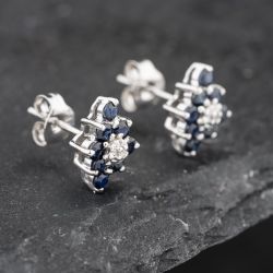 Second Hand 9ct White Gold 0.74ct Sapphire & Diamond Marquise Shape Cluster 10mm Stud Earrings 43171256
