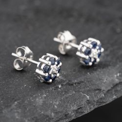 Second Hand 9ct White Gold 0.58ct Sapphire & Diamond Round Cluster Stud Earrings 43171263