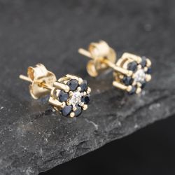 Second Hand 9ct Yellow Gold 0.53ct Sapphire & Diamond Flower Cluster Stud Earrings 43171265
