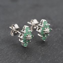 Second Hand 9ct White Gold 0.55ct Emerald & Diamond Marquise Shape Cluster 10mm Stud Earrings 43171282