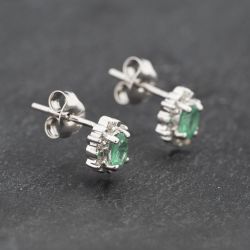 Second Hand 9ct White Gold 0.28ct Emerald & Diamond Cluster 7mm Stud Earrings 43171292