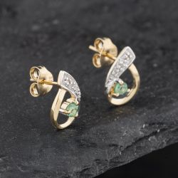 Second Hand 9ct Yellow Gold 0.13ct Emerald & Diamond Open Work Swirl 12mm Stud Earrings 43171320