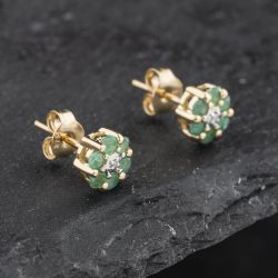 Second Hand 9ct Yellow Gold 0.42ct Emerald & Diamond Round Cluster Stud Earrings 43171326