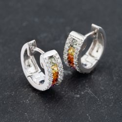 Second Hand 18ct White Gold Sapphire & 0.40ct Brilliant Cut Diamond 3 Row 12mm Hoop Earrings 43171358