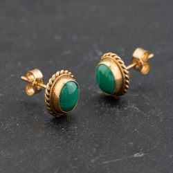 Second Hand 9ct Yellow Gold 10mm Green Malachite Oval Stud Earrings 43171371