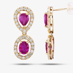 Second Hand 18ct Yellow Gold 1.80ct Ruby & 0.60ct Diamond Cluster Dropper Earrings 4317147