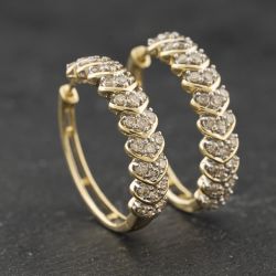 Second Hand 9ct Yellow Gold 1.02ct Brilliant Cut Diamond Hearts Design 25mm Hoop Earrings 43171475