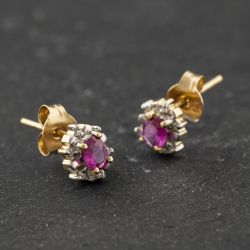 Second Hand 9ct Yellow Gold 0.96ct Ruby & 0.09ct Diamond Oval Stud Earrings 43171477