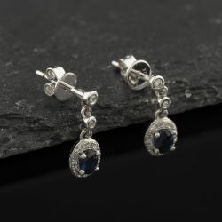 Second Hand 9ct White Gold Sapphire & Diamond Cluster Dropper Earrings 43171507