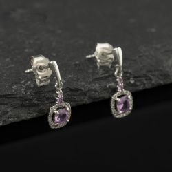 Second Hand 9ct White Gold 0.50ct Diamond & 0.06ct Pink Sapphire Square Cluster Dropper Earrings 43171508