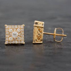 Second Hand 14ct Yellow Gold Brilliant Cut Diamond Square Cluster Stud Earrings 4317183