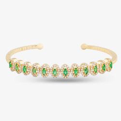 Second Hand 18ct Yellow Gold Emerald & Brilliant Cut Diamond Flexible 15cm Torque Bangle 4321007