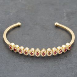 Second Hand 18ct Yellow Gold Ruby & 0.90ct Diamond Flexible Multi Cluster Medium Torque Bangle 43211015