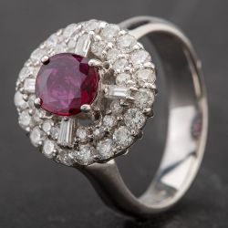 Second Hand 14ct White Gold Oval 0.81ct Ruby & 1.08ct Diamond Halo Cluster Ring 4332064