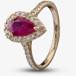 Second Hand 14ct Yellow Gold 1.10ct Pear Shaped Ruby and 0.40ct Diamond Halo Ring 