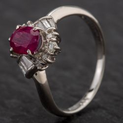 Second Hand Platinum Oval 1.05ct Ruby & 0.28ct Diamond Cluster Ring 4335087