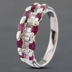 Second Hand Platinum 0.73ct Oval Cut Ruby & 0.63ct Baguette Cut Diamond Three Row Dress Ring 43351011