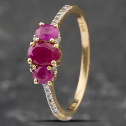 Second Hand 14ct Yellow Gold Ruby & Diamond Set Shoulders Three Stone Ring 43351027