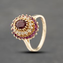Second Hand 9ct Yellow Gold Ruby & 0.16ct Diamond Oval Three Tier Cluster Ring 43351033