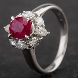 Second Hand Platinum Oval Ruby and Round and Pear Cut Diamond Cluster Ring 4335124