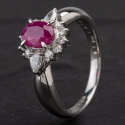 Second Hand Platinum Oval 1.09ct Ruby & 0.39ct Diamond Cluster Ring 4335204