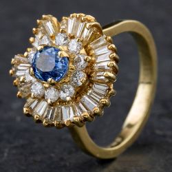 Second Hand 9ct Yellow Gold Sapphire & Diamond Wave Design Cluster Ring 4336021