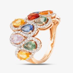 Second Hand 18ct Rose Gold Certificated 5.20ct Pear Cut Multi-Coloured Sapphire & 0.97ct Brilliant Cut Diamond Wave Cluster Ring 43361015