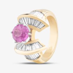 Second Hand 14ct Yellow Gold Pink Sapphire & 1.60ct Baguette Cut Diamond Dress Ring 43361018
