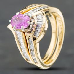 Second Hand 14ct Yellow Gold Oval Cut Pink Sapphire & 0.33ct Diamond Bridal Set Ring 43361033