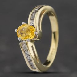 Second Hand 9ct Yellow Gold Oval Cut Yellow Sapphire & Brilliant Cut Diamond Cross Over Dress Ring 43361057