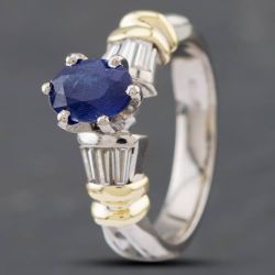 Second Hand 9ct Two Colour Gold Glass Fill Treatment Sapphire & Baguette Cut Diamond Set Shoulders Dress Ring 43361076