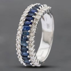 Second Hand 18ct White Gold Emerald Cut Sapphire & Brilliant Cut Diamond Three Row Ring 43361084