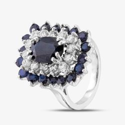 Second Hand 9ct White Gold Sapphire & Brilliant Cut Diamond Rectangular Cluster Ring 43361096