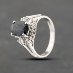 Second Hand Platinum Sapphire & 0.36ct Diamond Oval Cluster Ring 43361140